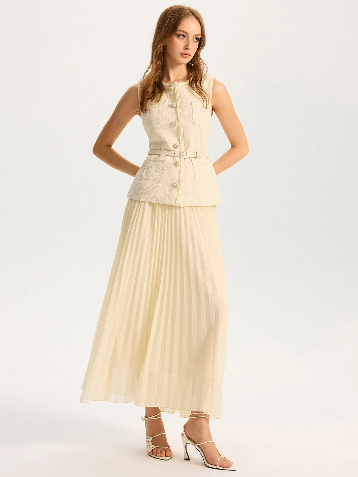 Tweed Sleeveless Vest and Pleated Maxi Skirt Set sold by COMMENSE product image thumbnail 3