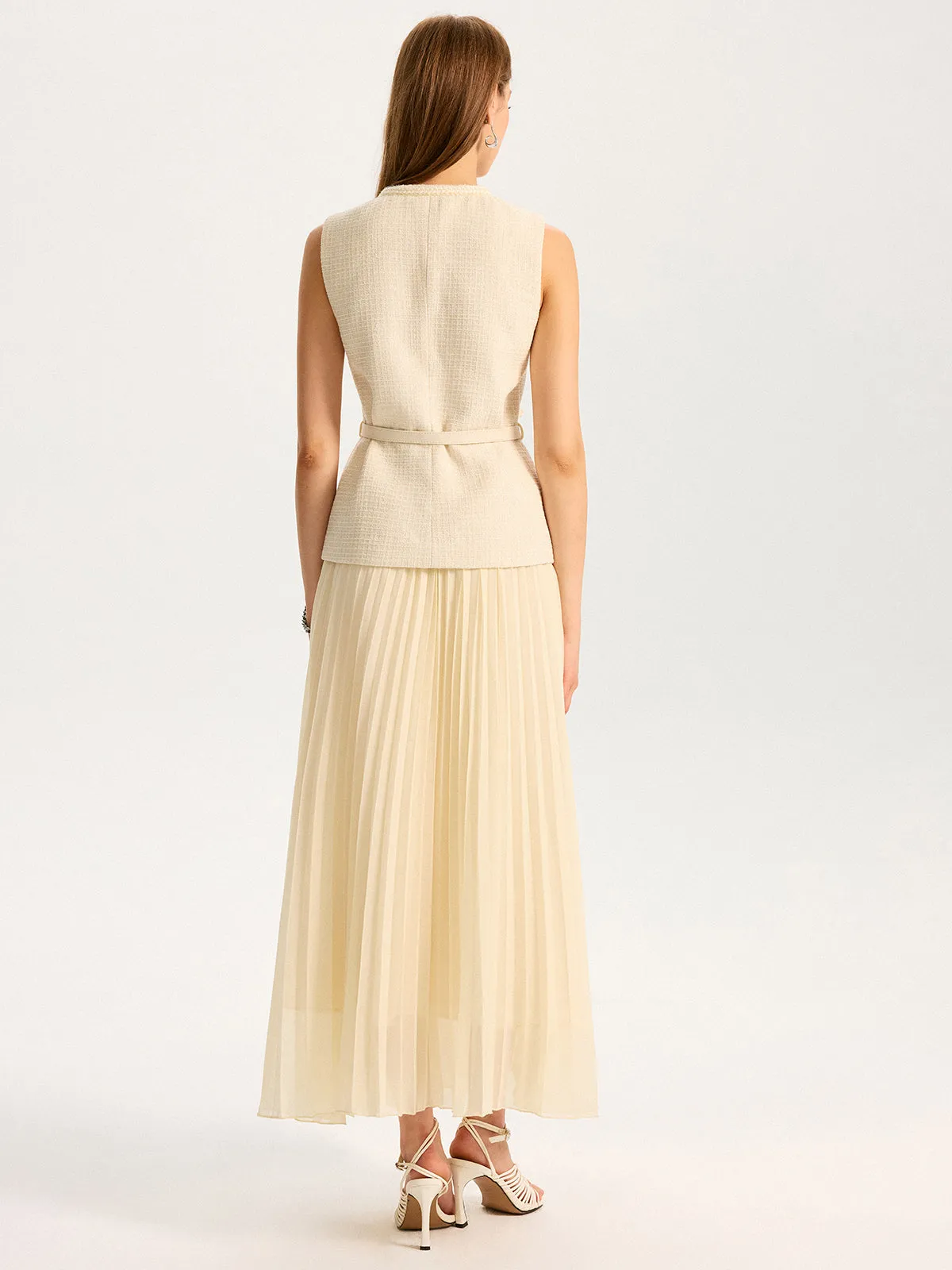 Tweed Sleeveless Vest and Pleated Maxi Skirt Set sold by COMMENSE product image thumbnail 4
