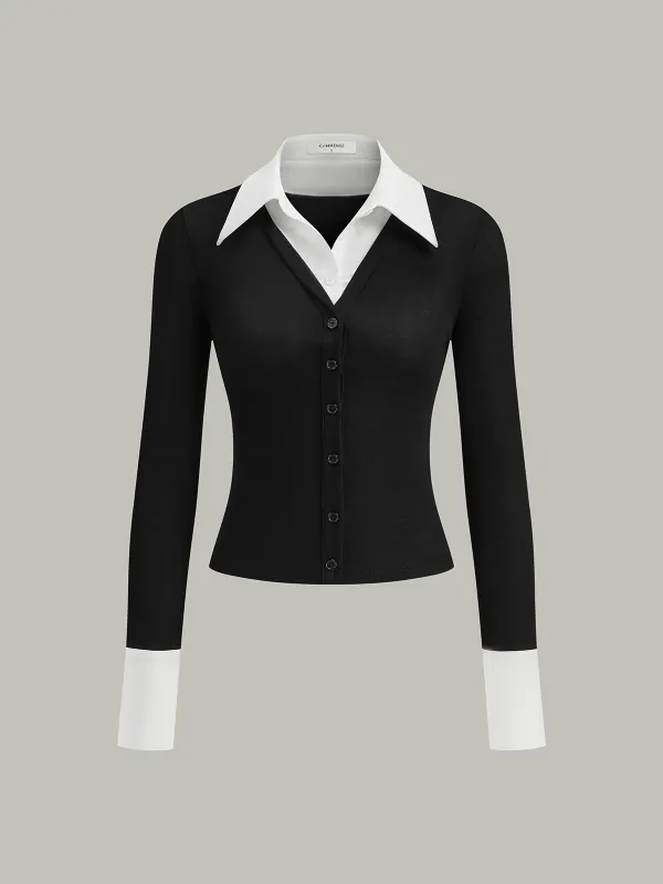 2 in 1 Contrast Collar and Cuff Shirt sold by COMMENSE