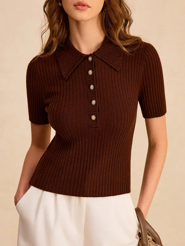 Metal Button Ribbed Knit Polo Top sold by COMMENSE