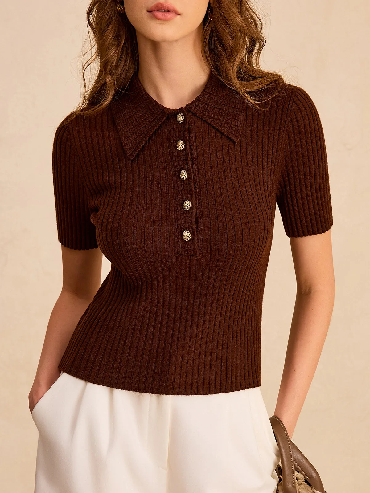 Metal Button Ribbed Knit Polo Top sold by COMMENSE