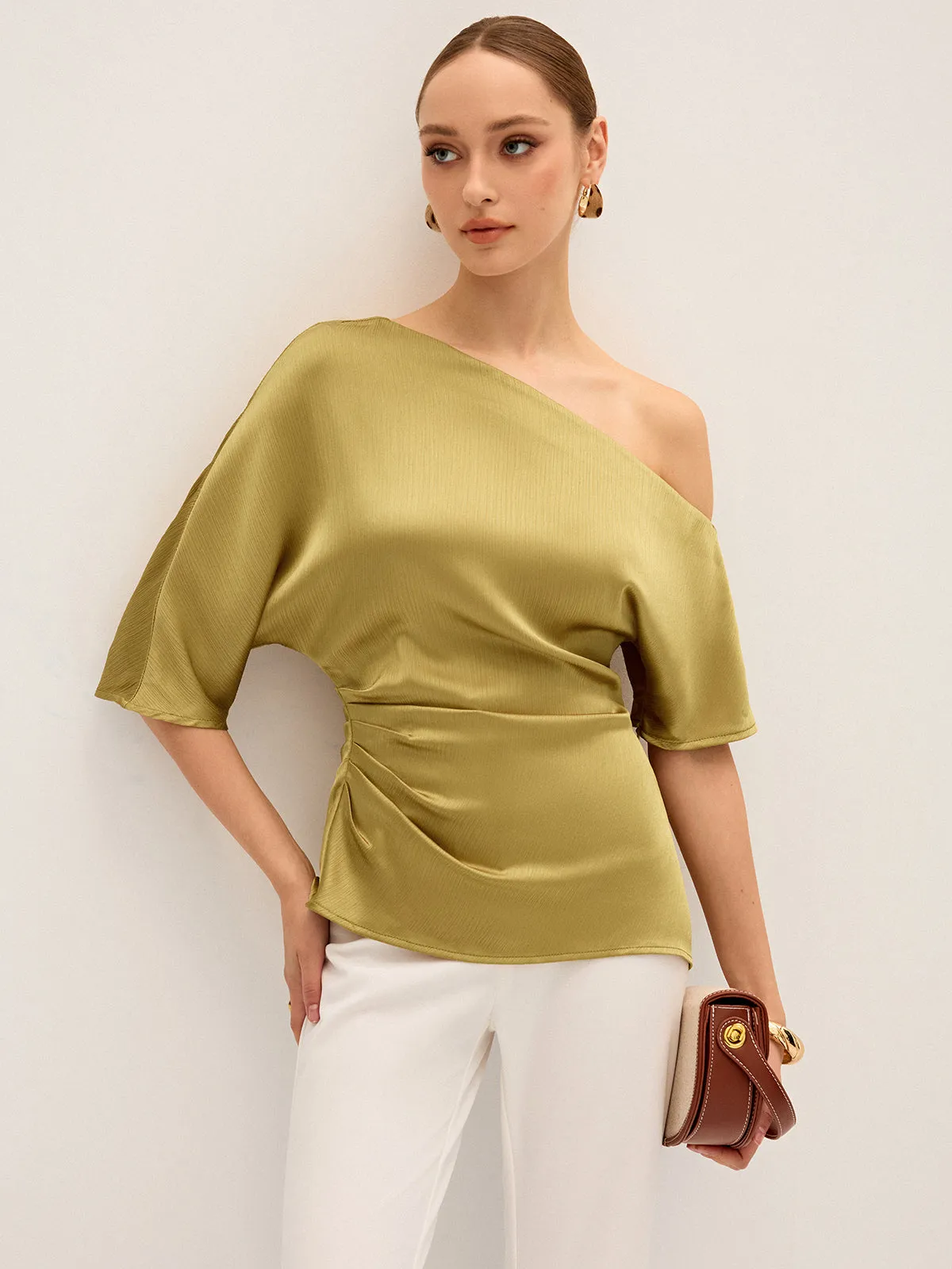 Satin One-Shoulder Ruched Top sold by COMMENSE