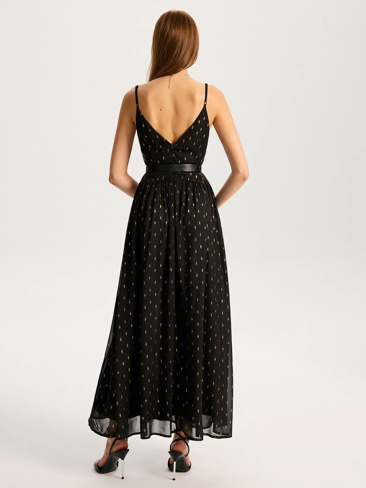 Semi-Sheer Lace Panel Slit Maxi Dress with Belt sold by COMMENSE product image thumbnail 2