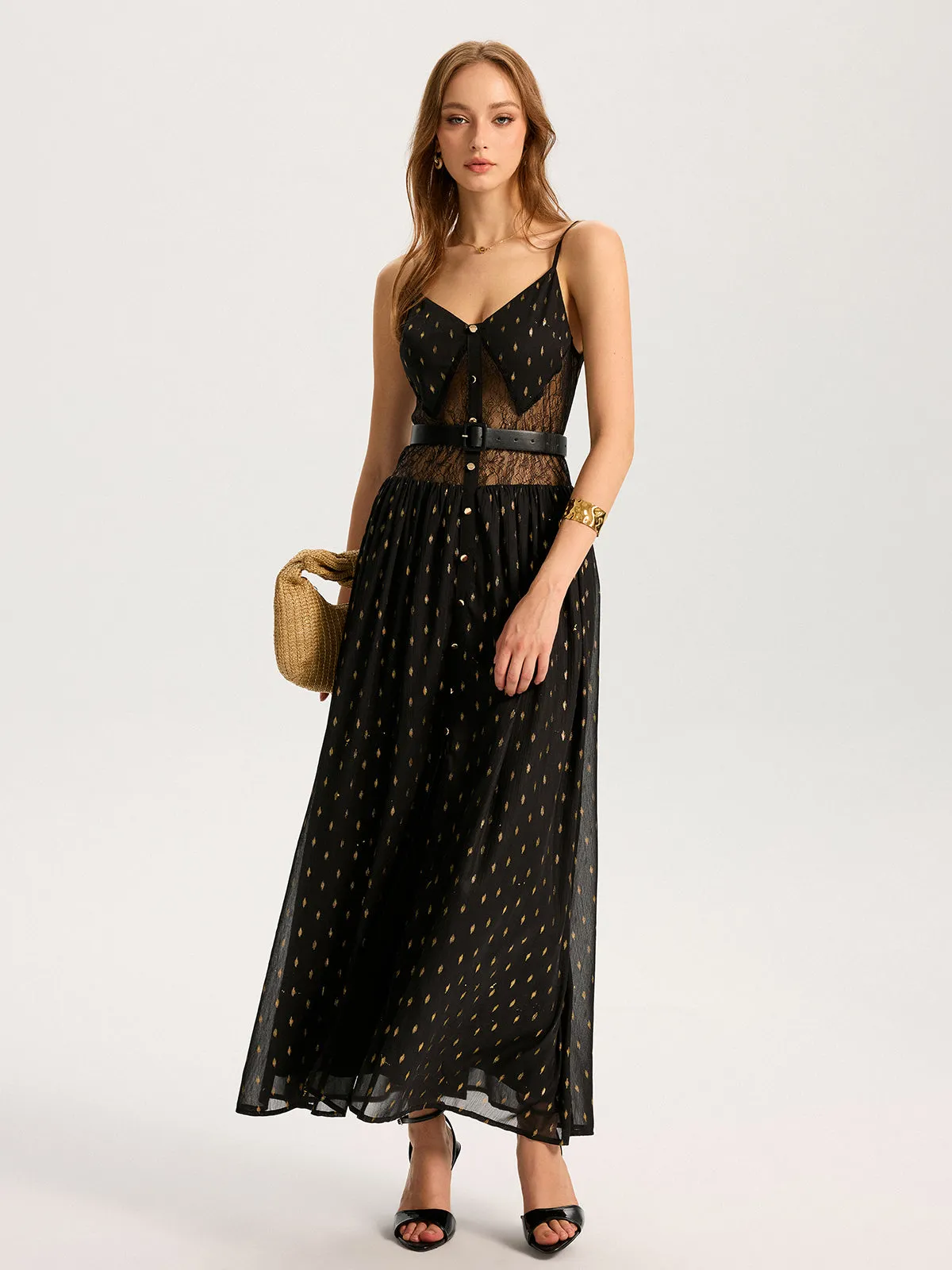 Semi-Sheer Lace Panel Slit Maxi Dress with Belt sold by COMMENSE