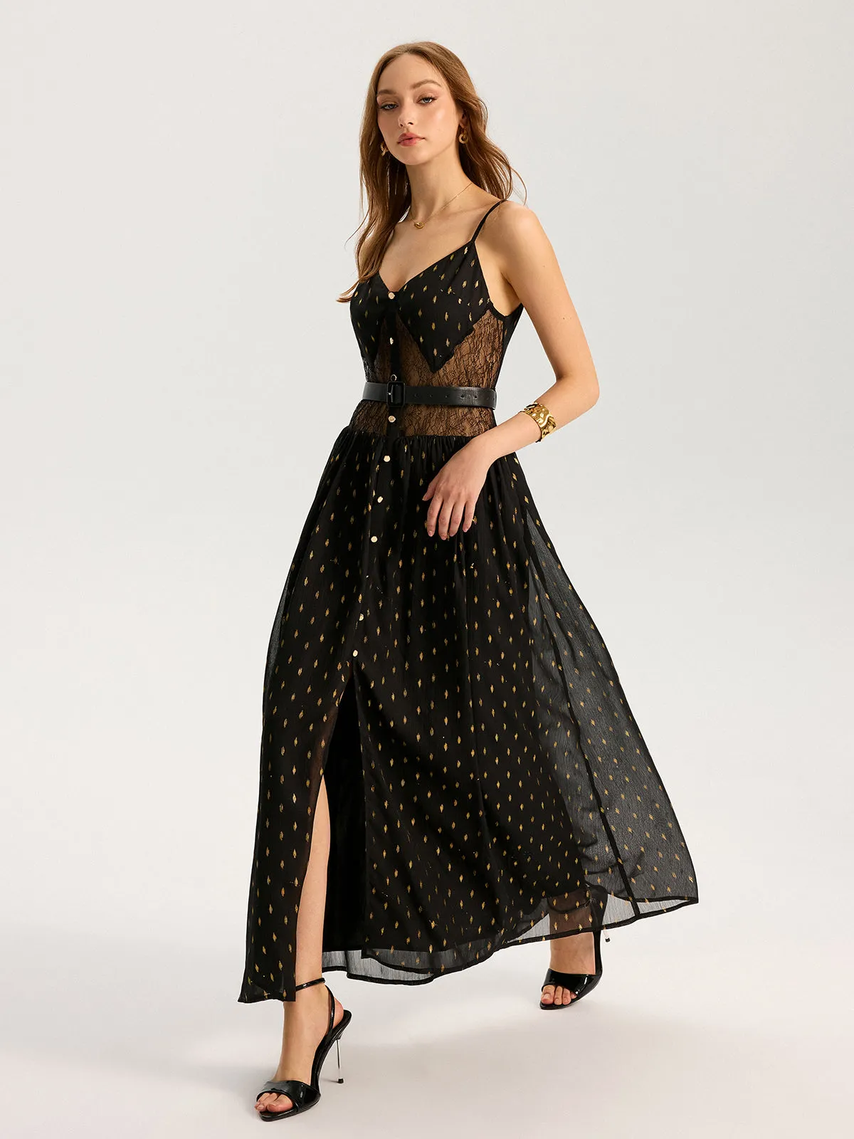 Semi-Sheer Lace Panel Slit Maxi Dress with Belt sold by COMMENSE product image thumbnail 3
