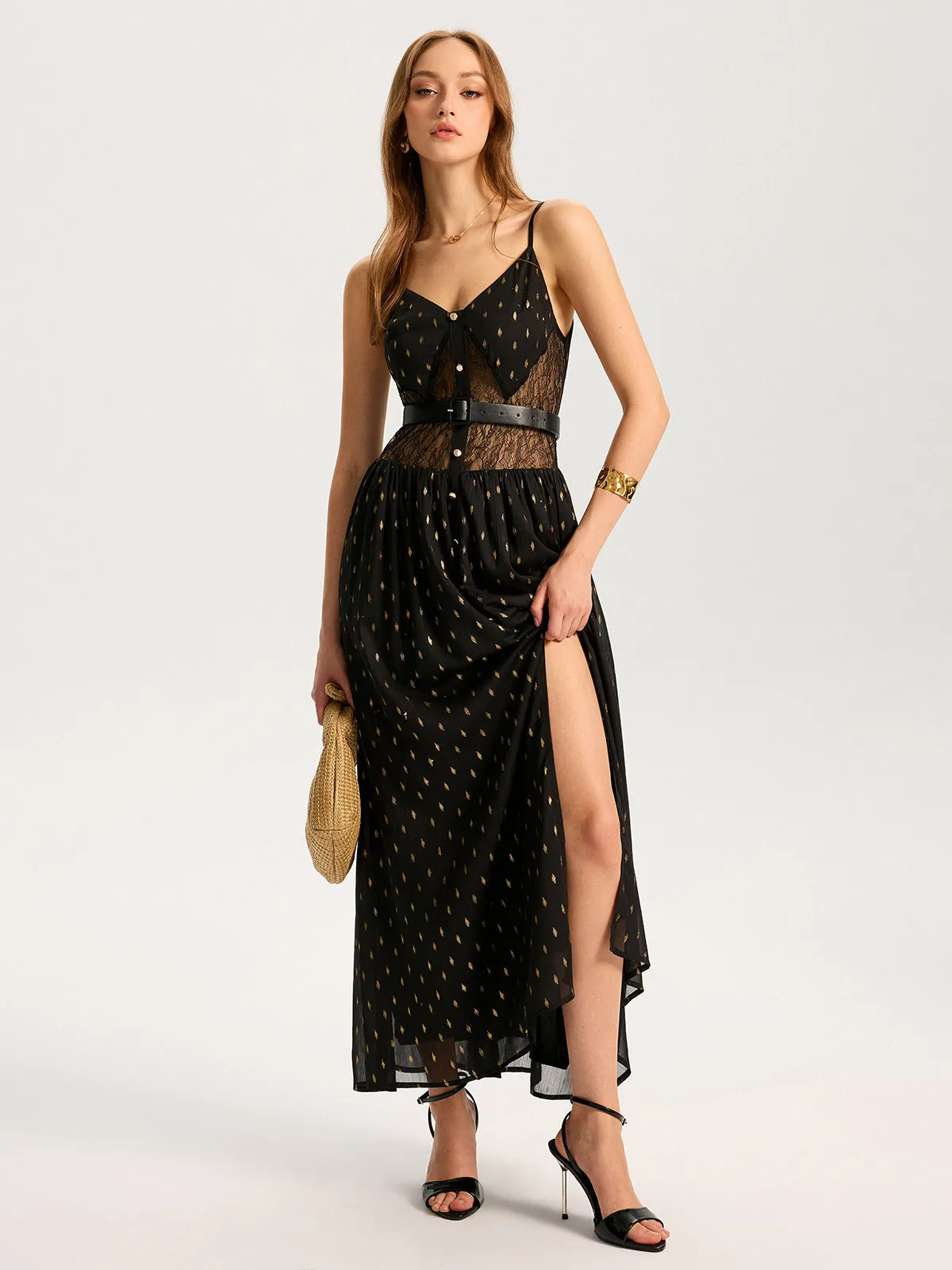 Semi-Sheer Lace Panel Slit Maxi Dress with Belt sold by COMMENSE product image thumbnail 5