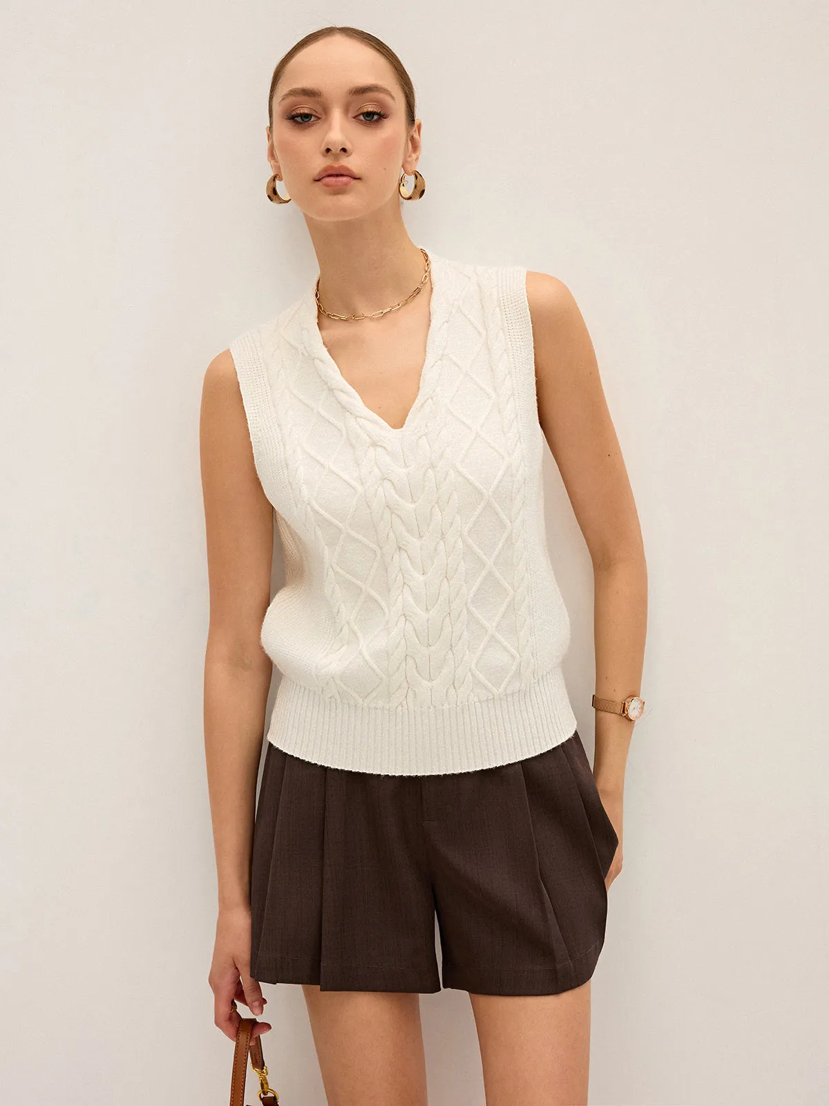 Cable-Knit V-Neck Sweater Vest sold by COMMENSE