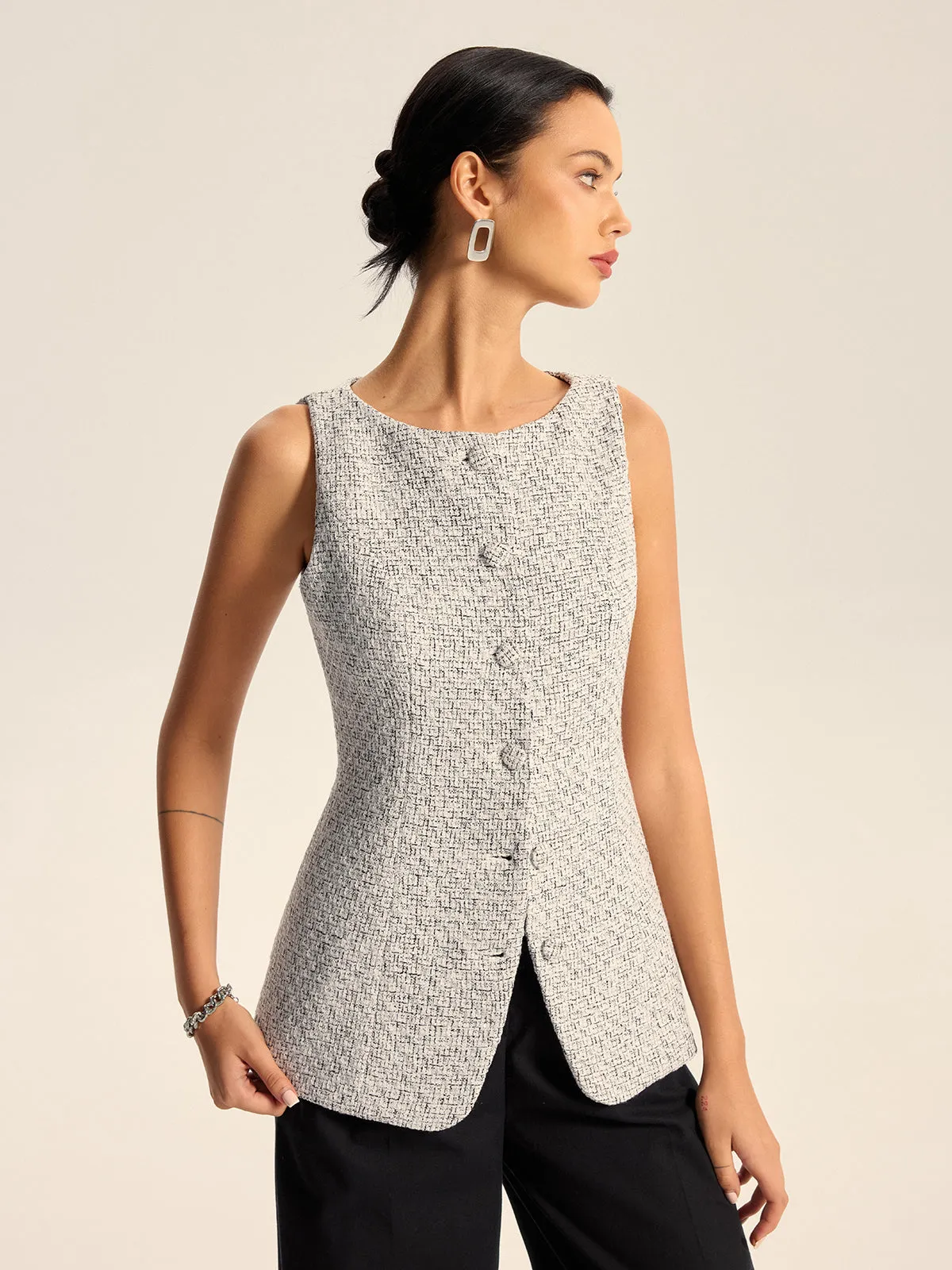Textured Tweed Button Vest sold by COMMENSE product image thumbnail 4