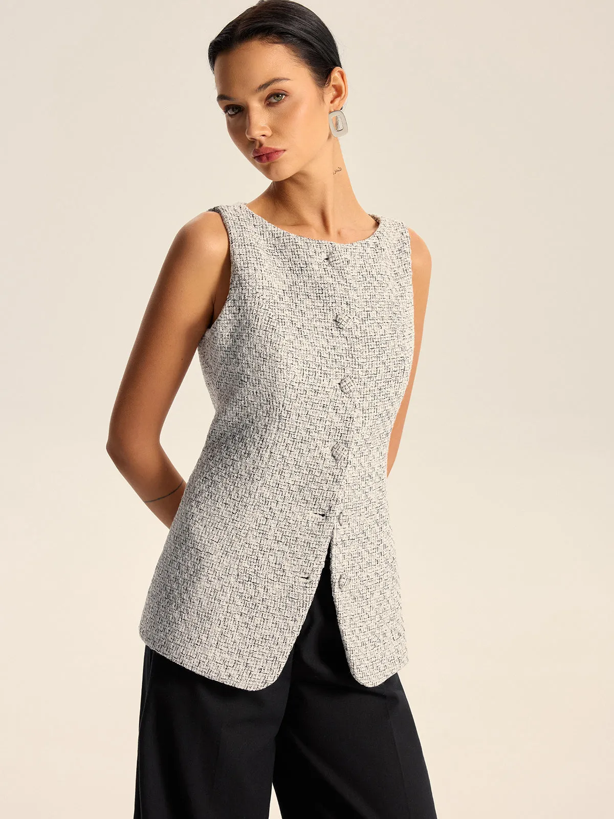 Textured Tweed Button Vest sold by COMMENSE product image thumbnail 2