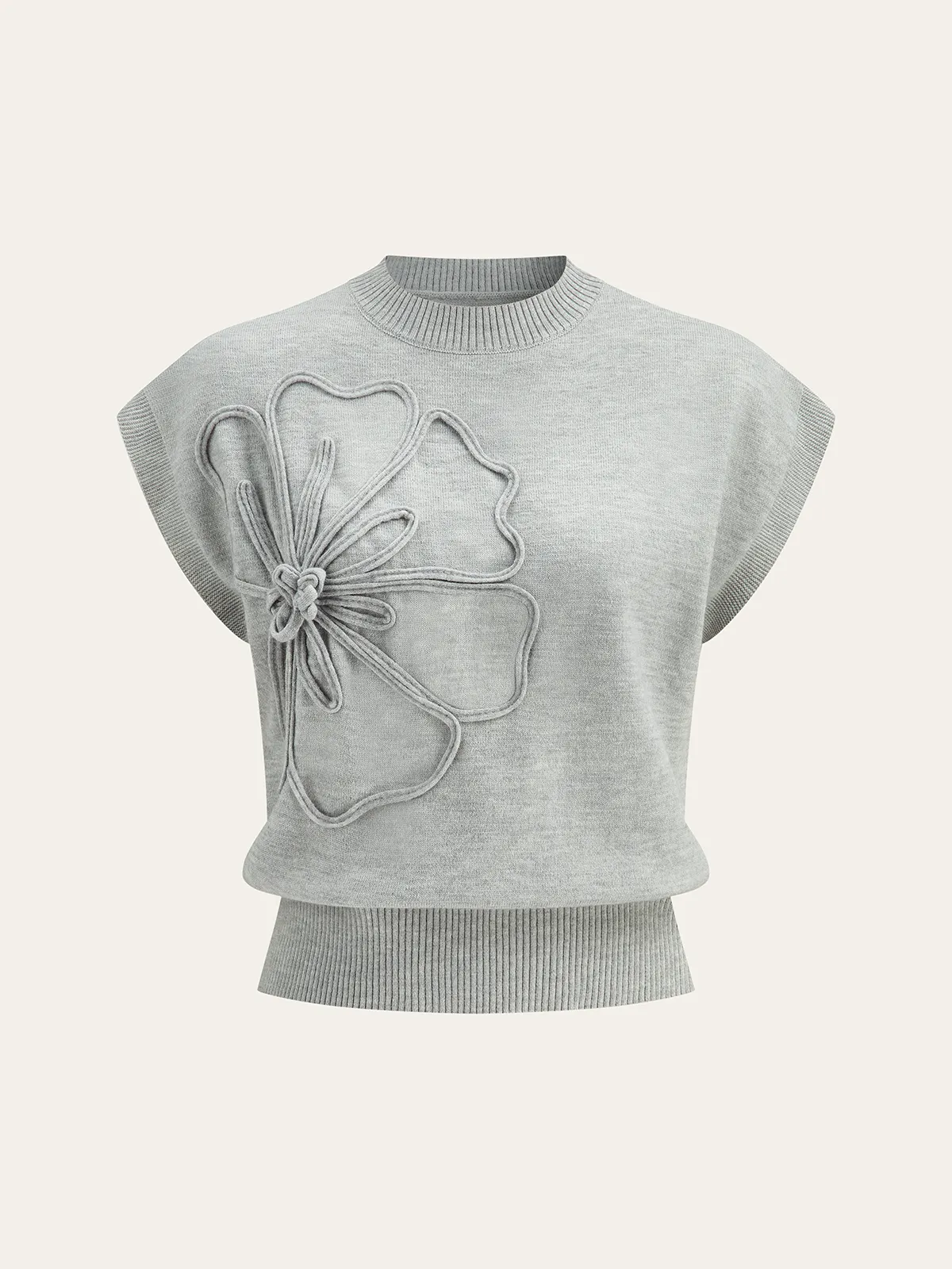 Flower Applique Cap Sleeve Knit Top sold by COMMENSE