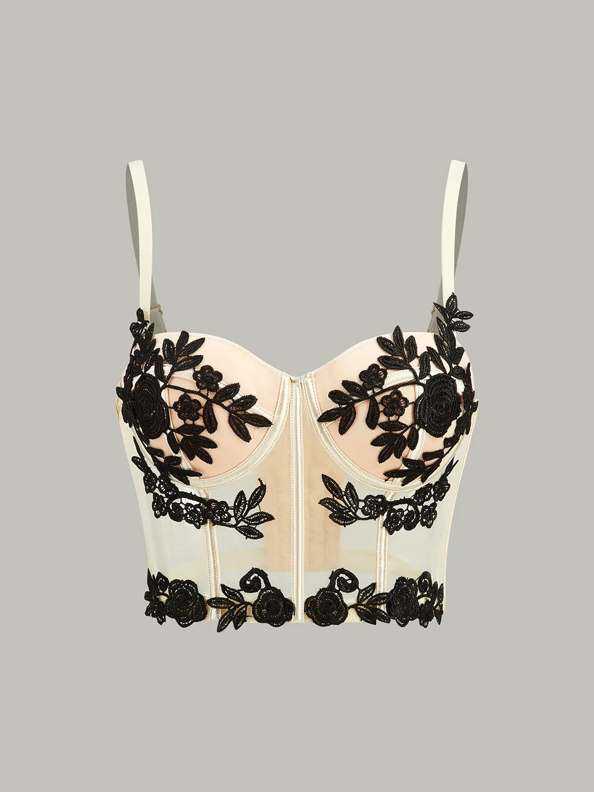 Semi-Sheer Floral Embroidery Mesh Corset Top sold by COMMENSE