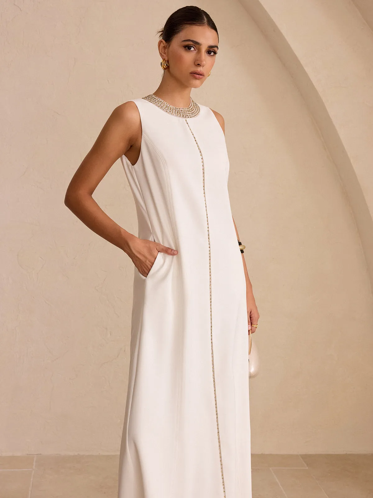 Hand-Beaded Neckline Pocket Maxi Dress sold by COMMENSE product image thumbnail 2