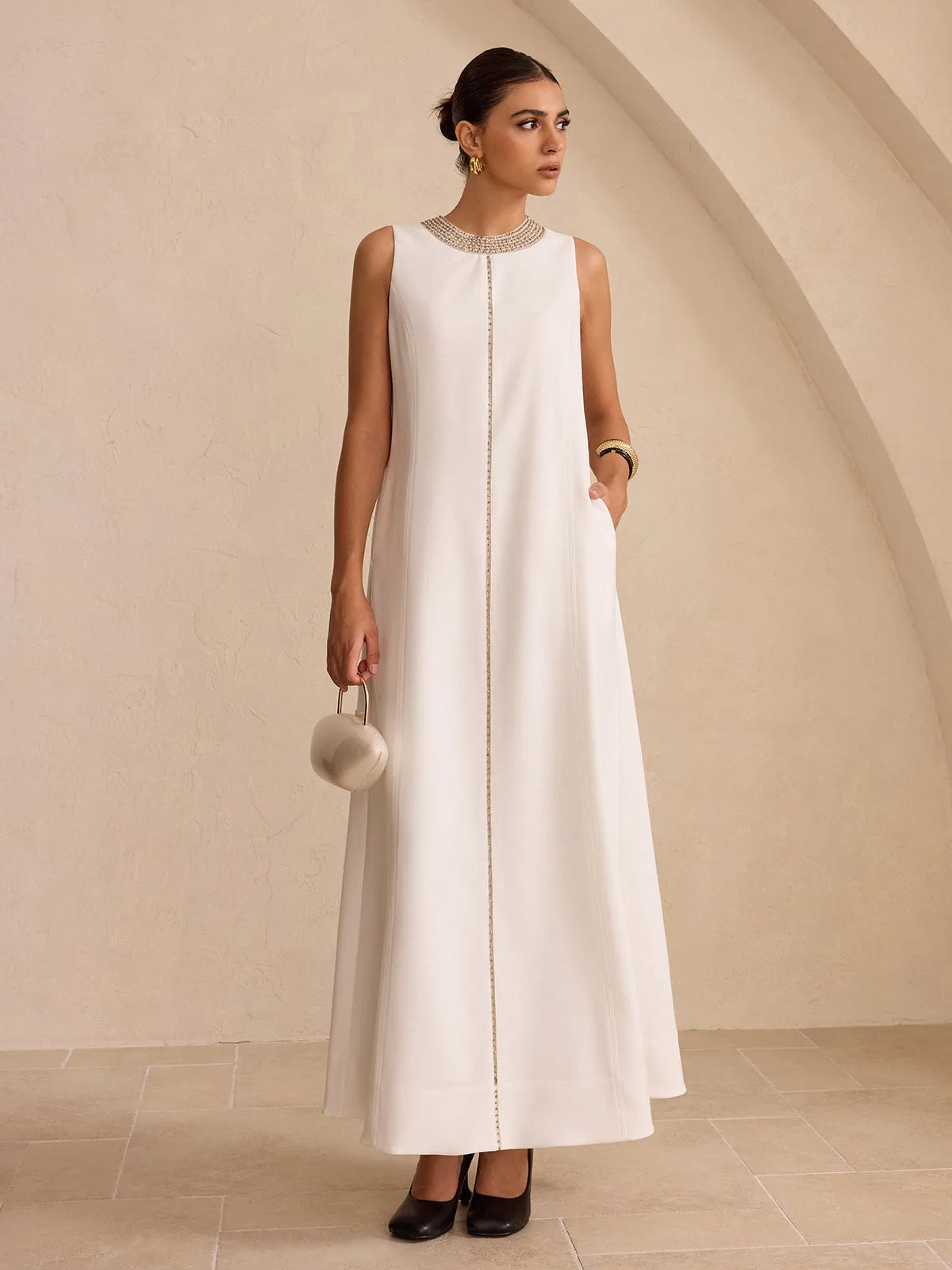 Hand-Beaded Neckline Pocket Maxi Dress sold by COMMENSE product image thumbnail 5