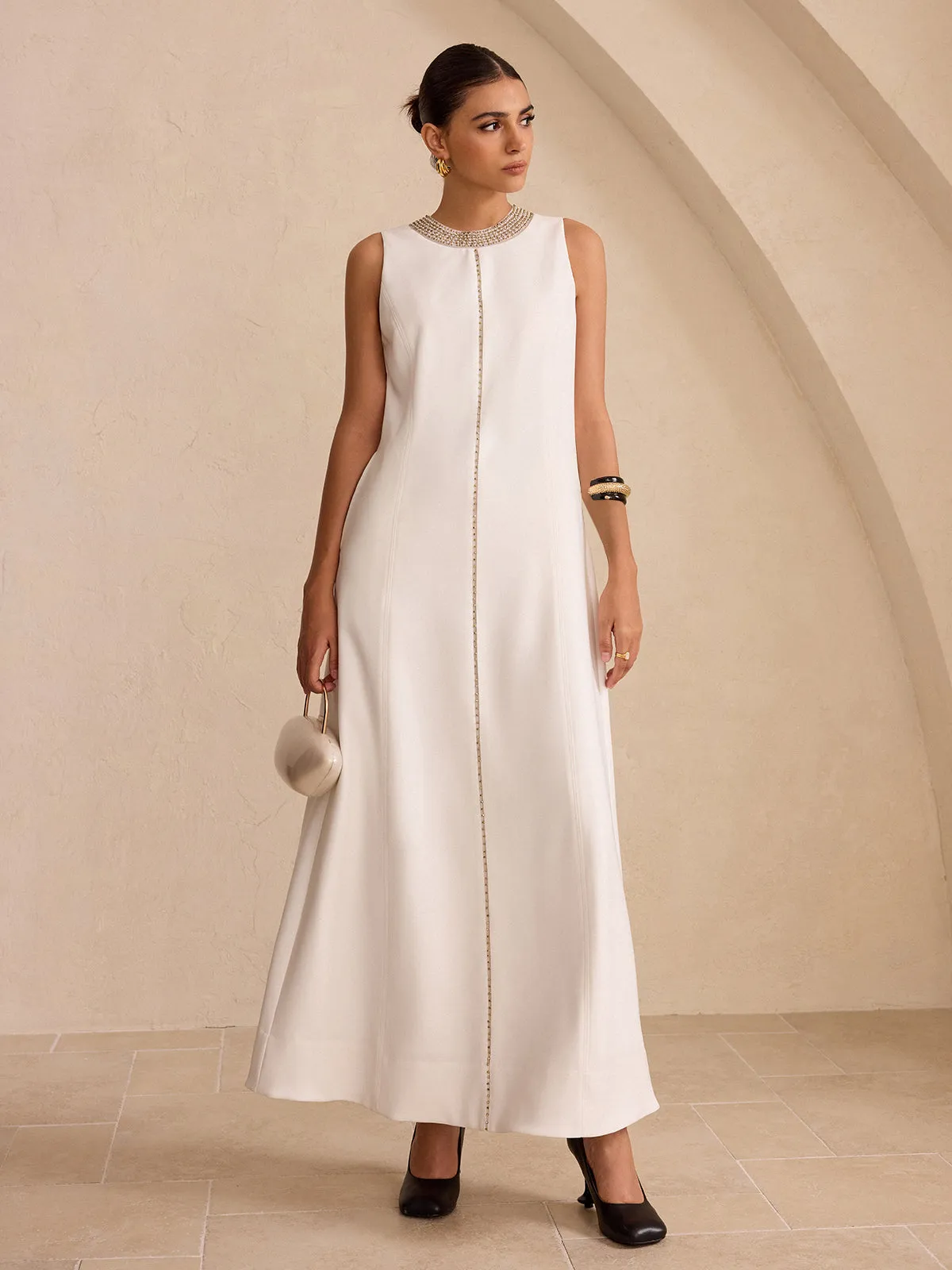 Hand-Beaded Neckline Pocket Maxi Dress sold by COMMENSE