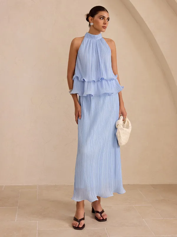 Pleated Tiered Halter Top and Maxi Skirt Set sold by COMMENSE