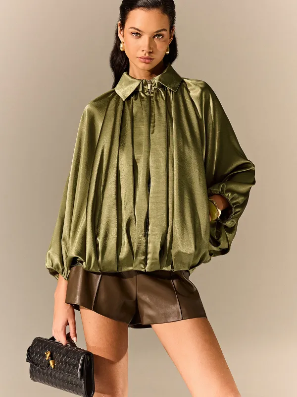 Satin Pleated Lantern-Sleeve Shirt Jacket sold by COMMENSE