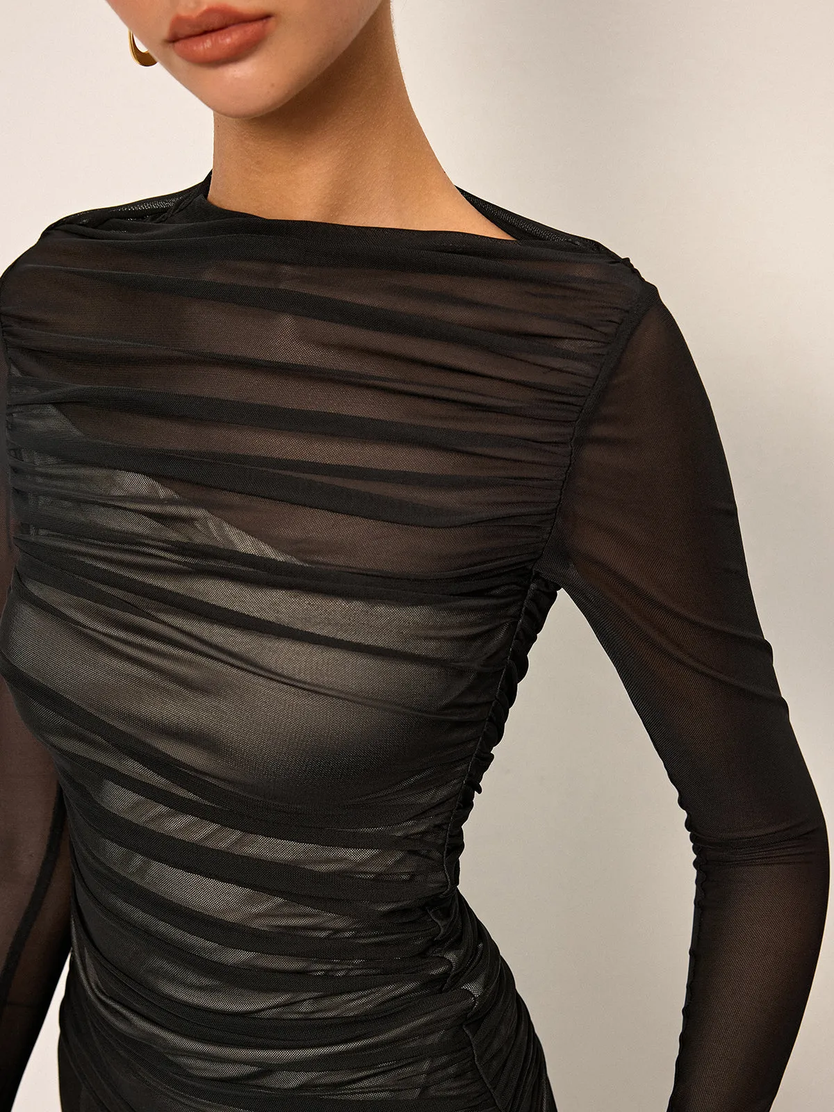 Sheer Mesh Ruched Long-Sleeve Top sold by COMMENSE product image thumbnail 3