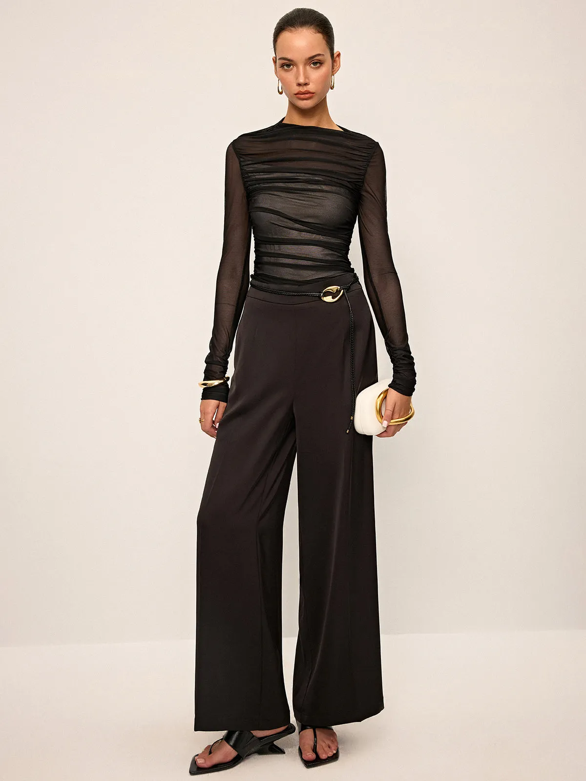 Sheer Mesh Ruched Long-Sleeve Top sold by COMMENSE product image thumbnail 4