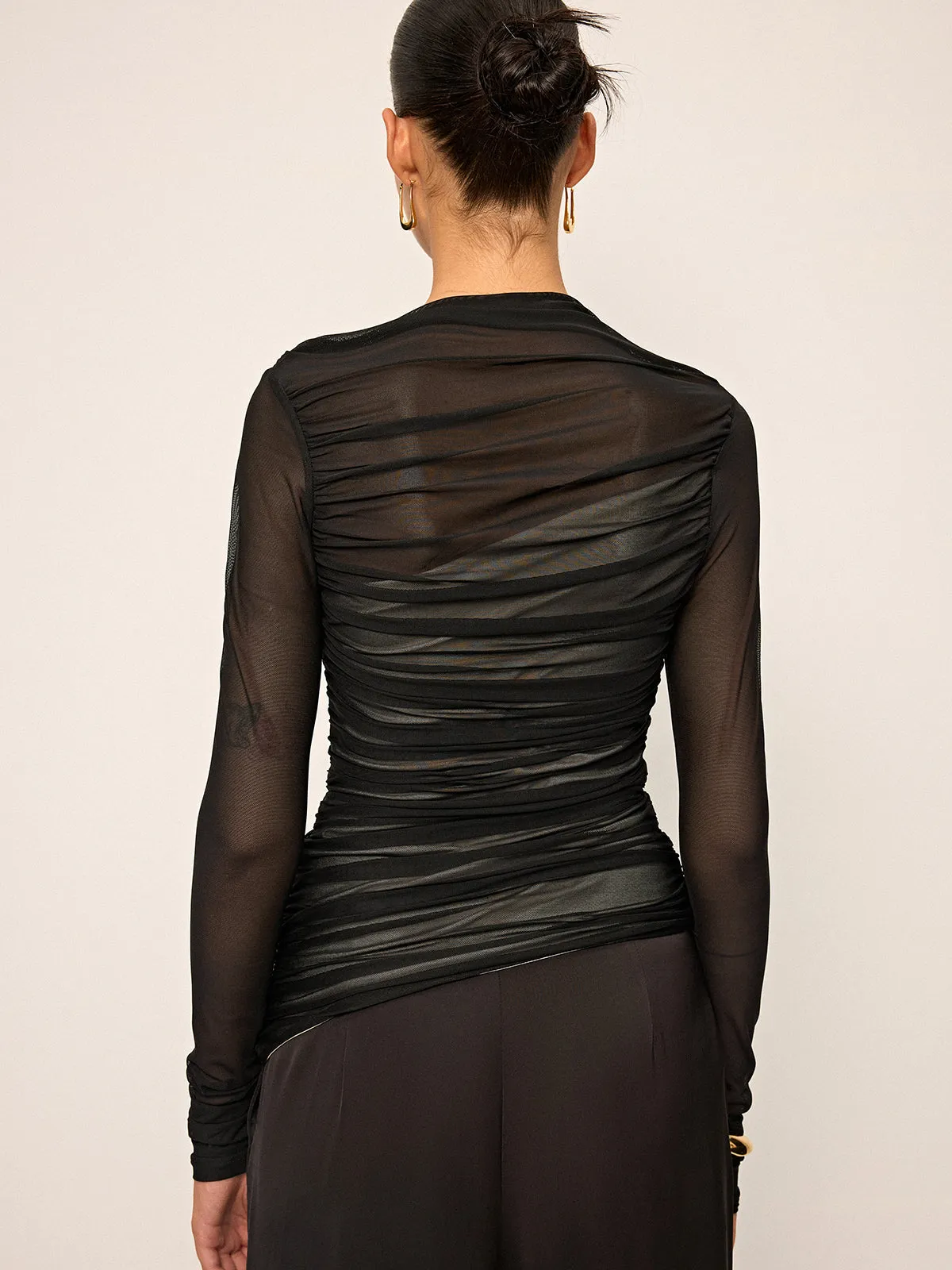 Sheer Mesh Ruched Long-Sleeve Top sold by COMMENSE product image thumbnail 5