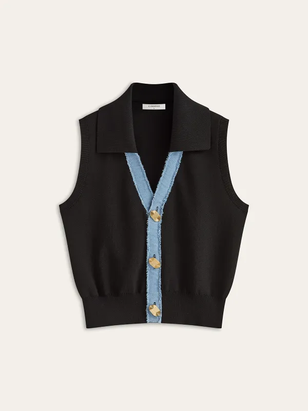 Denim Placket Button Knit Vest sold by COMMENSE