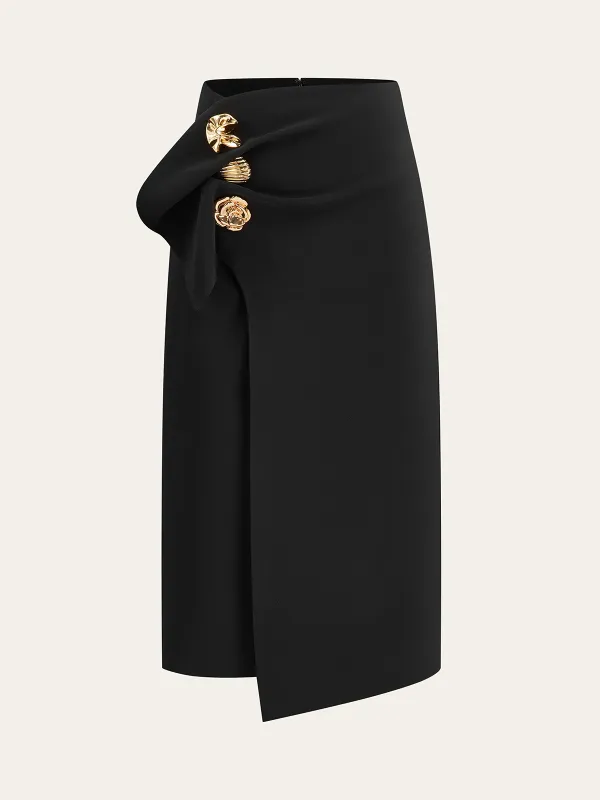 Metal Detail Asymmetric Midi Skirt sold by COMMENSE