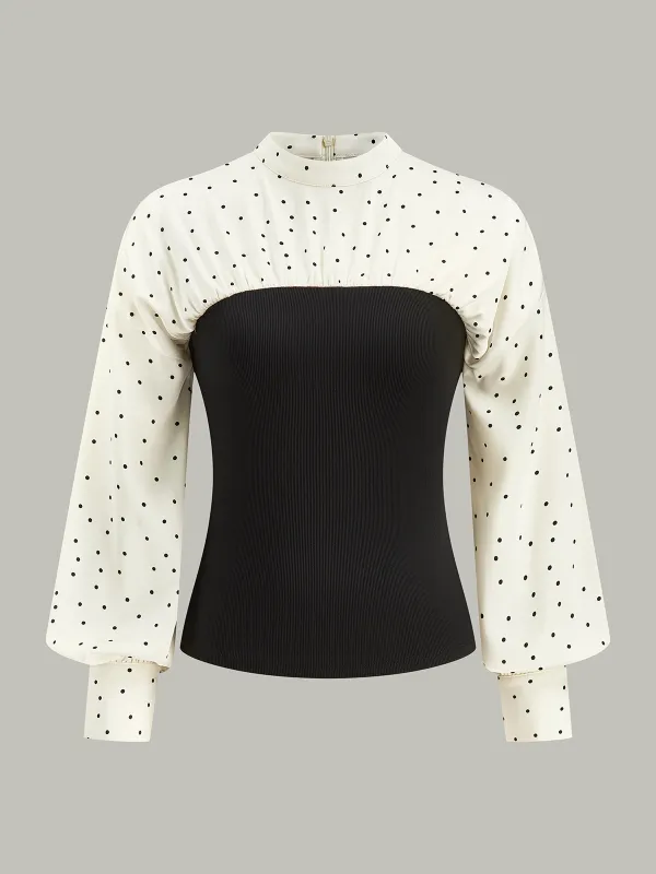 Polka Dot Panel Mock Neck Top sold by COMMENSE