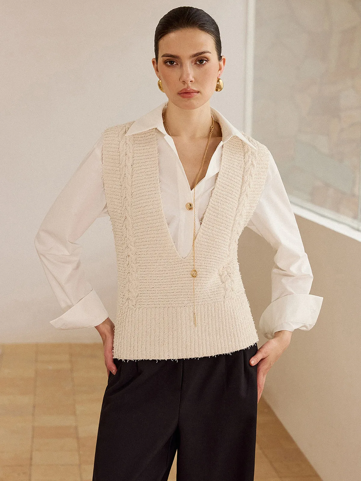 Cable Knit V-Neck Vest sold by COMMENSE product image thumbnail 3