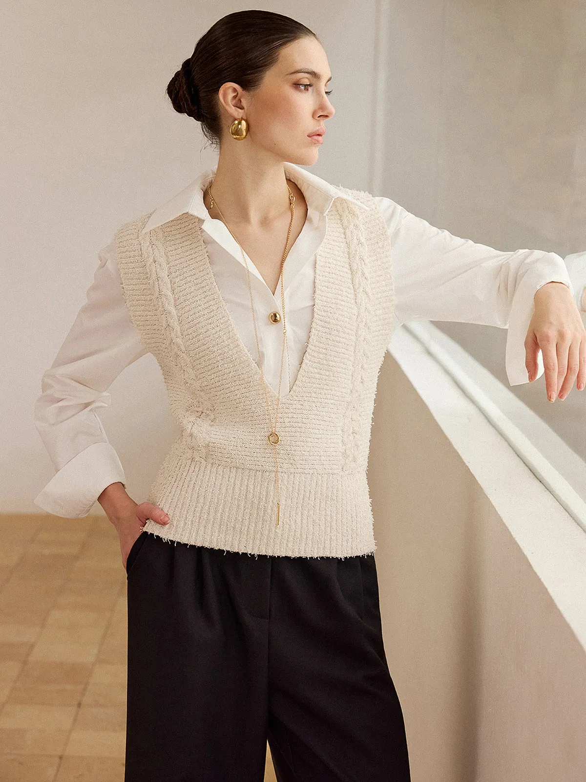 Cable Knit V-Neck Vest sold by COMMENSE