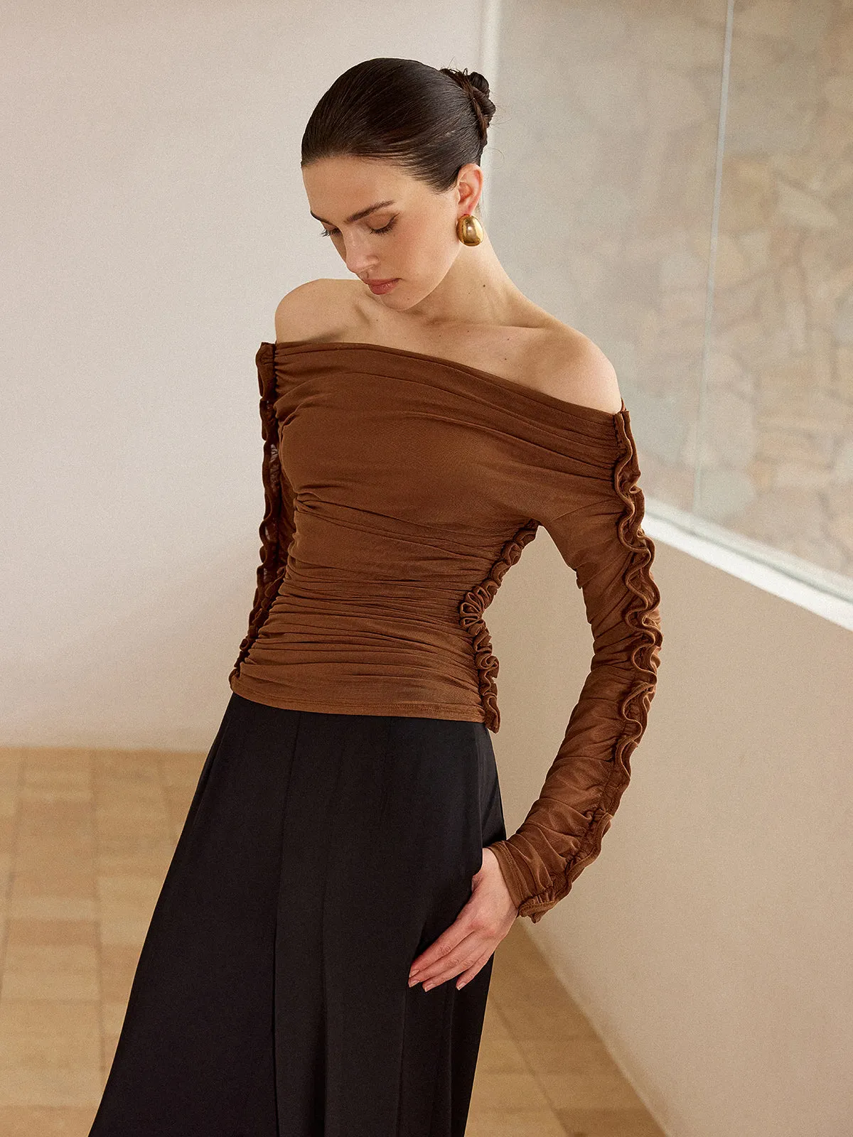 Off-Shoulder Ruched Top with Ruffled Sleeves sold by COMMENSE product image thumbnail 5