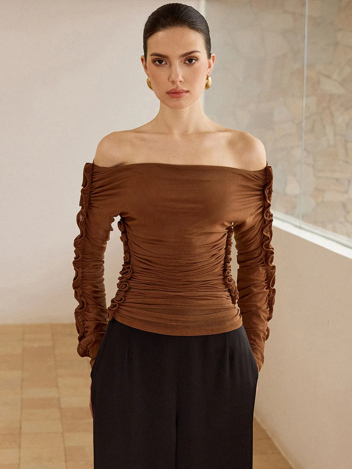 Off-Shoulder Ruched Top with Ruffled Sleeves sold by COMMENSE product image thumbnail 3
