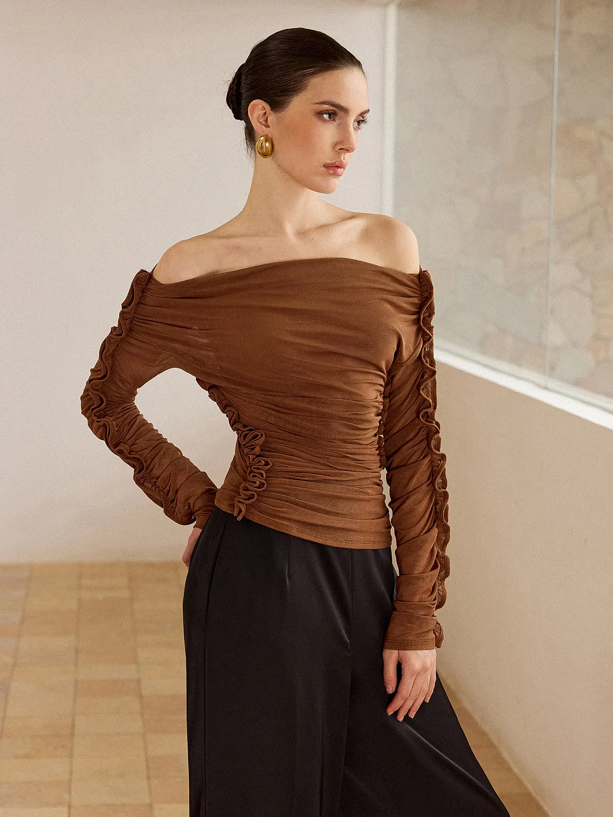 Off-Shoulder Ruched Top with Ruffled Sleeves sold by COMMENSE