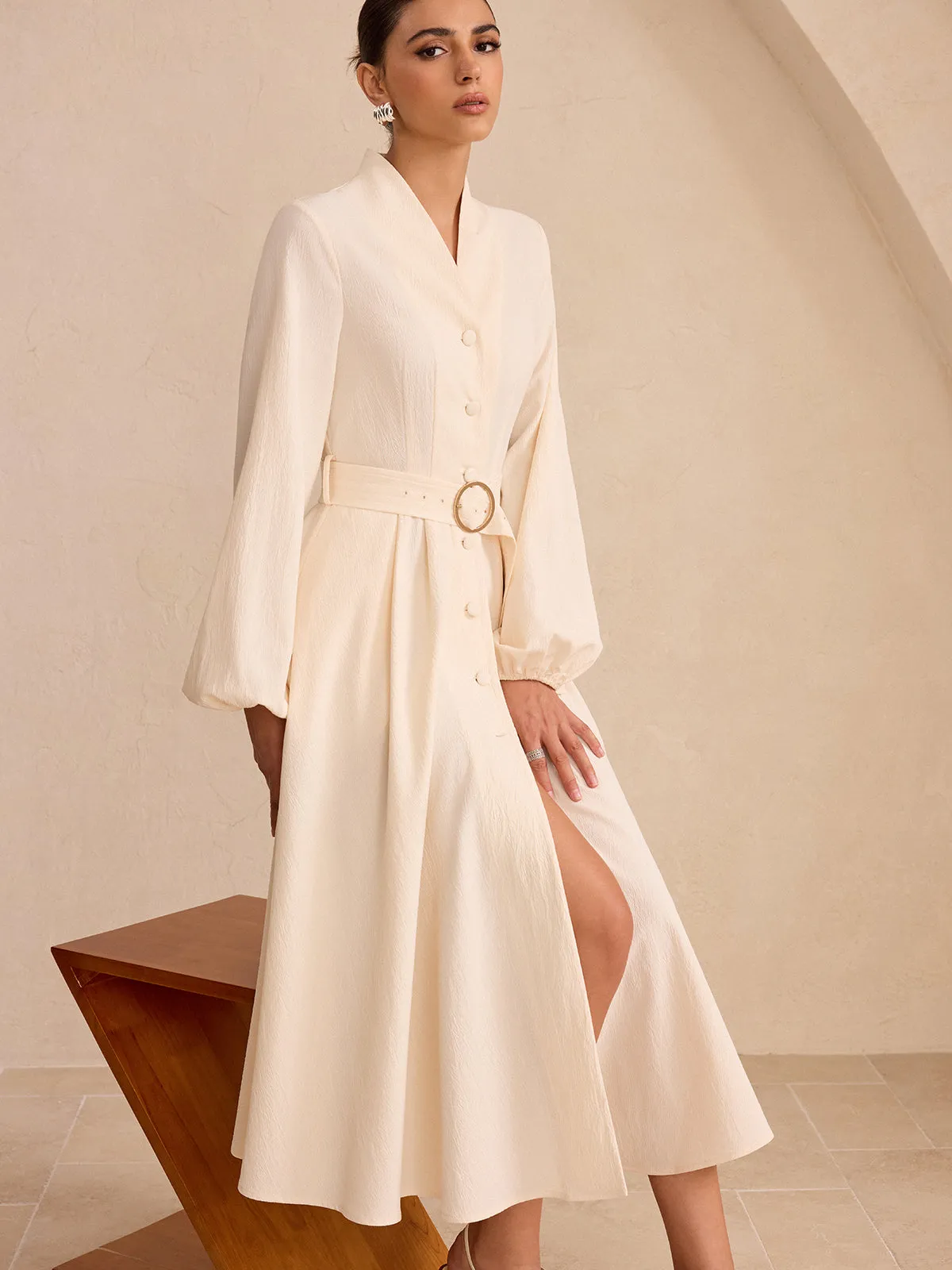 Belted Button-Front Long-Sleeve Midi Dress sold by COMMENSE product image thumbnail 4