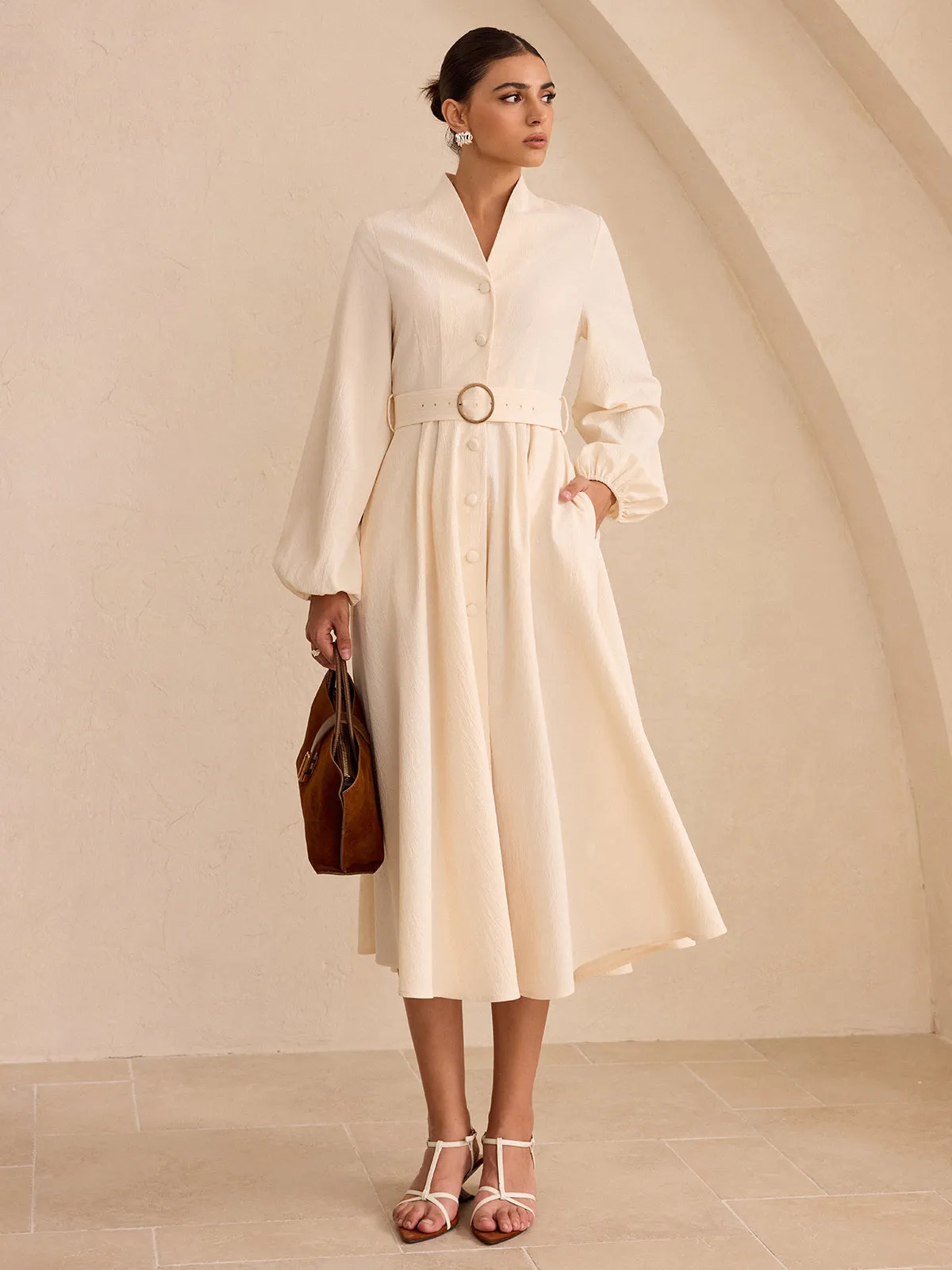 Belted Button-Front Long-Sleeve Midi Dress sold by COMMENSE