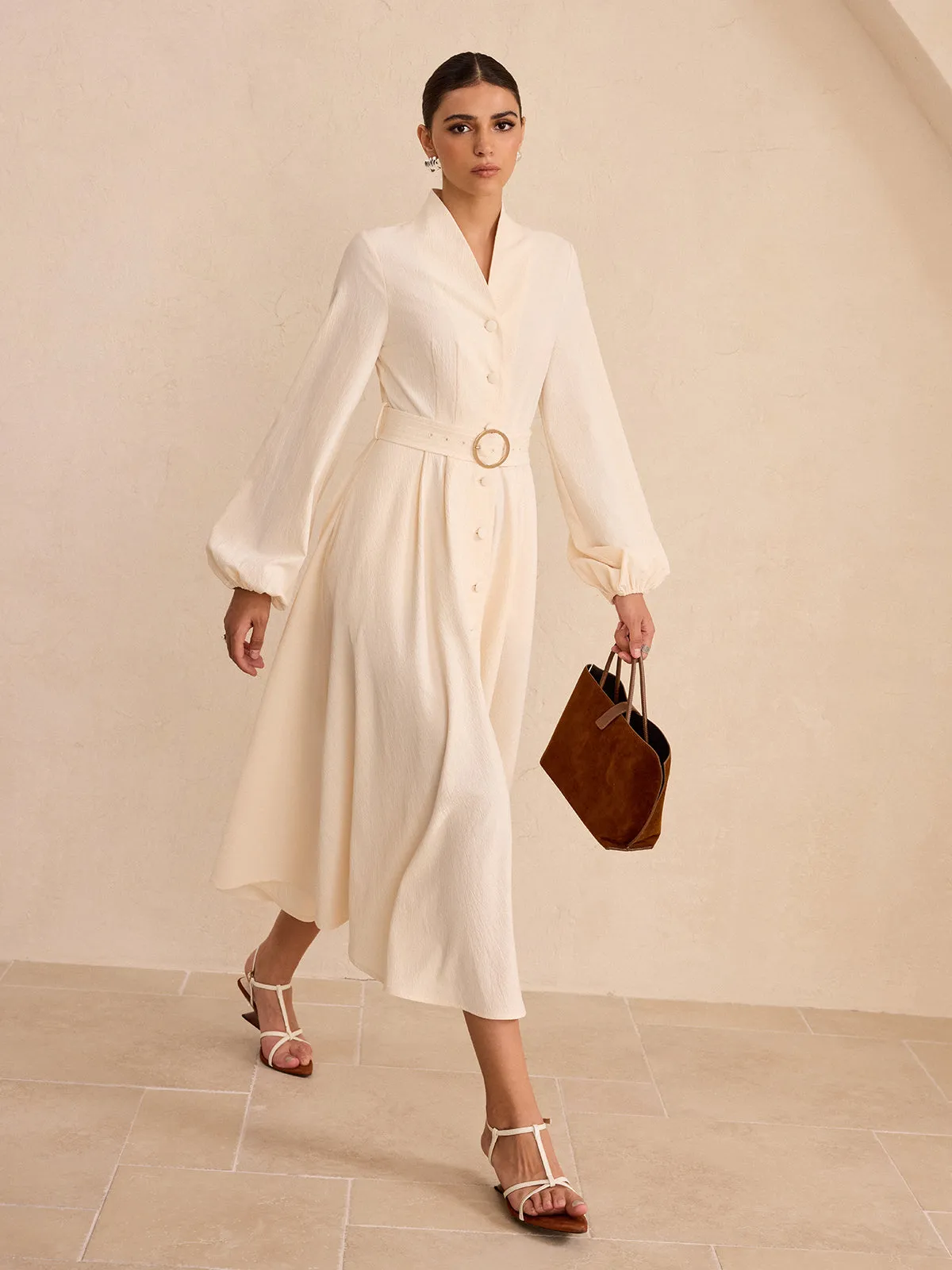 Belted Button-Front Long-Sleeve Midi Dress sold by COMMENSE product image thumbnail 3
