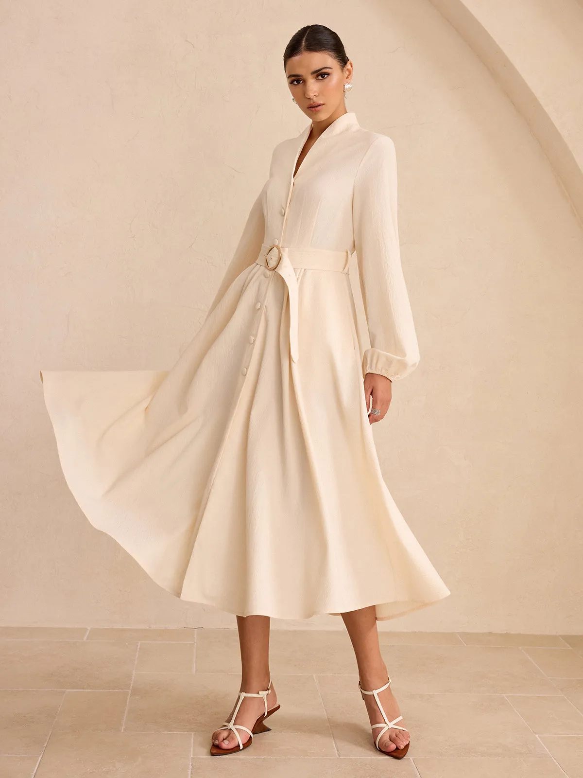 Belted Button-Front Long-Sleeve Midi Dress sold by COMMENSE product image thumbnail 2