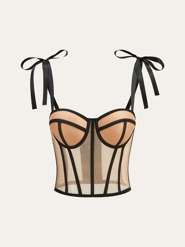 Sheer Mesh Bow-Tied Strap Corset Top sold by COMMENSE