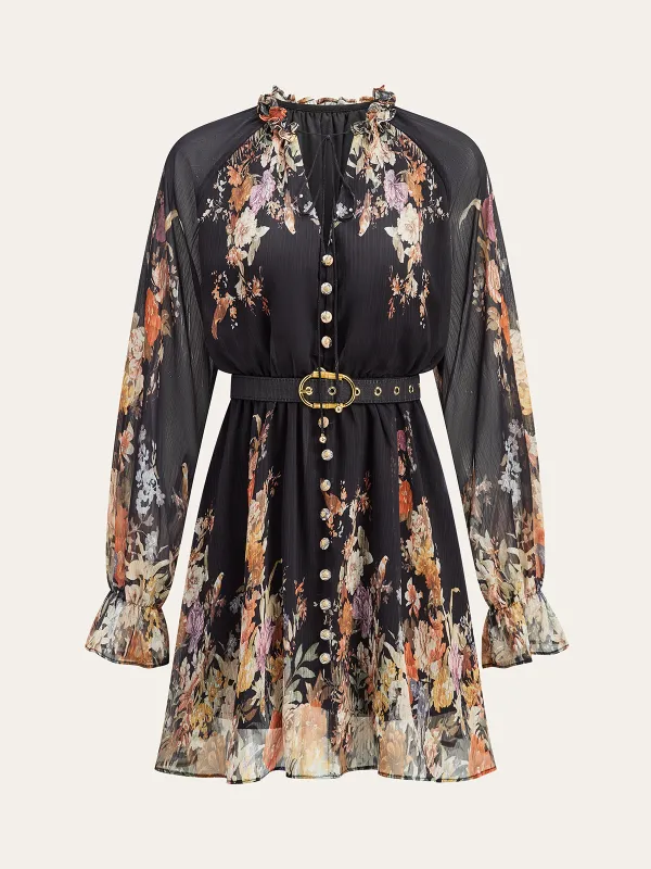 Semi-Sheer Chiffon Floral Print Belted Dress sold by COMMENSE