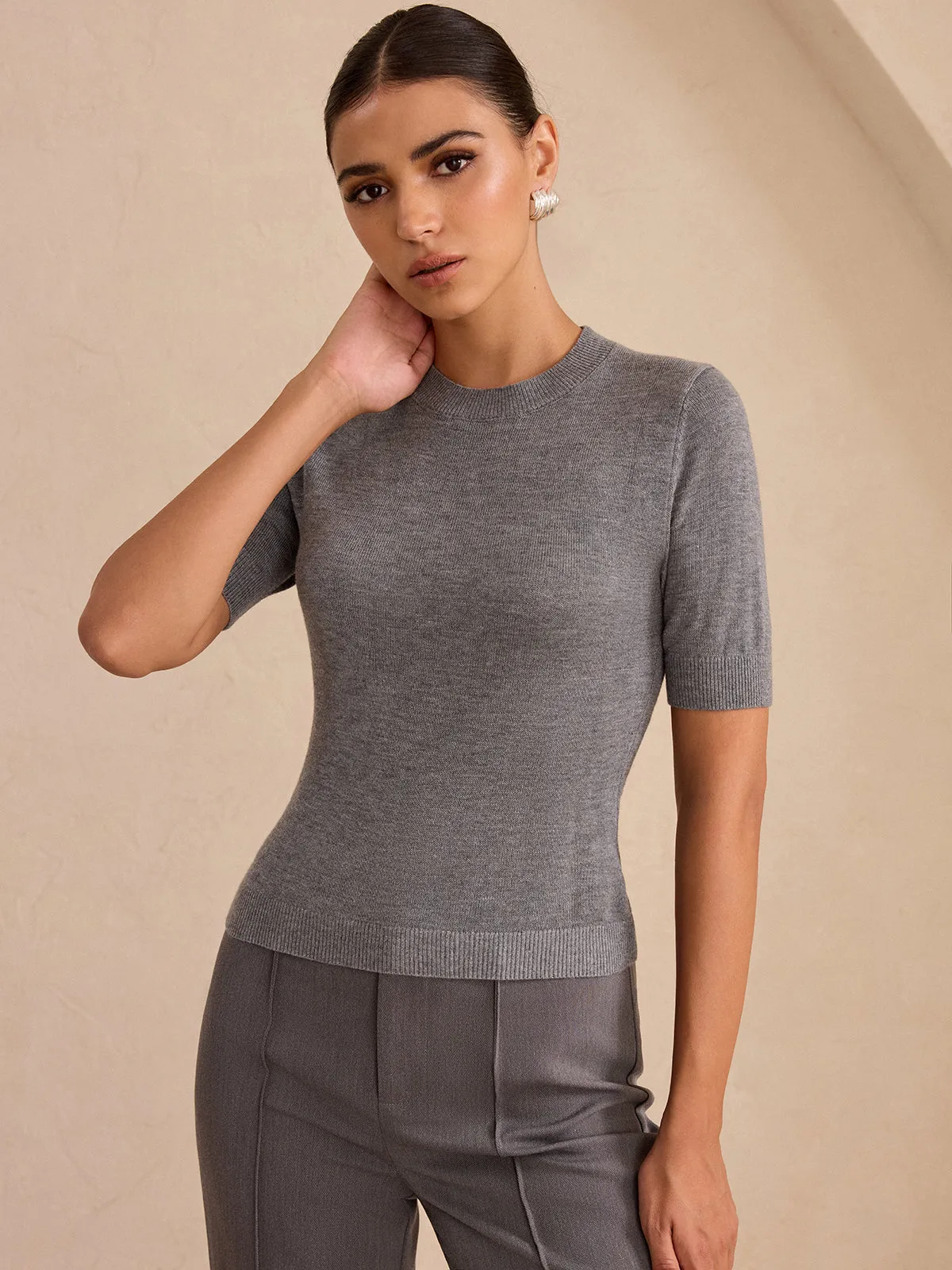 Wool-Blend Short Sleeve Knit Top sold by COMMENSE product image thumbnail 5