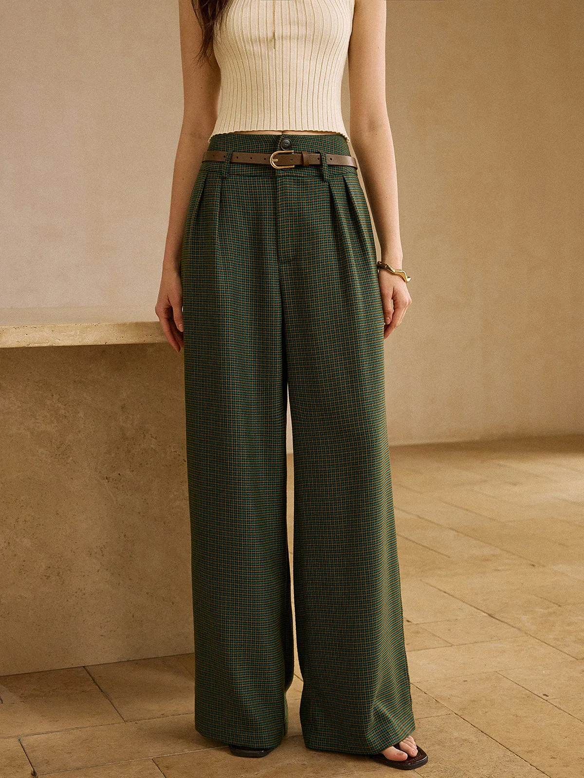 Vintage Plaid High-Waisted Pants with Belt sold by COMMENSE product image thumbnail 3
