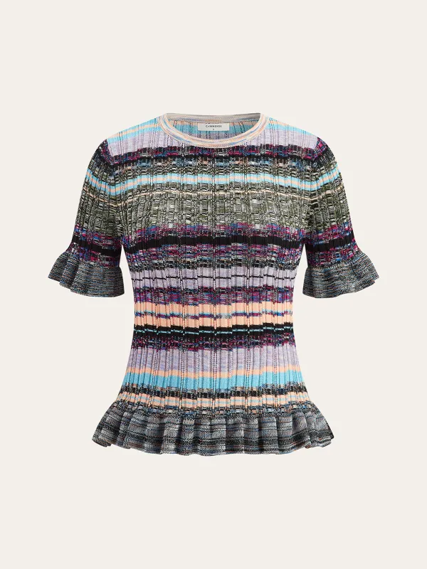 Ruffled Hem Colorful Striped Knit Top sold by COMMENSE