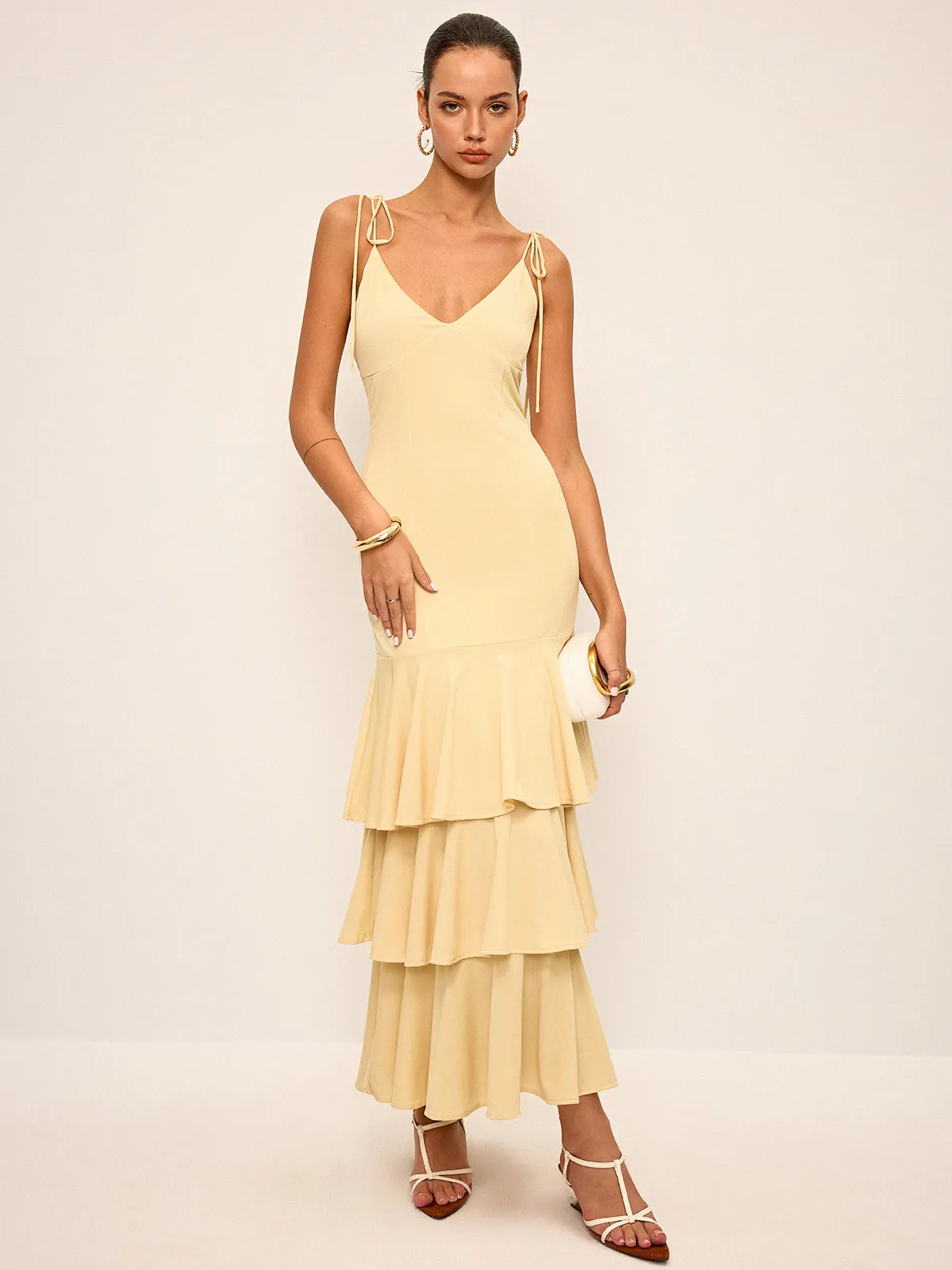Tie-Strap Shoulder Tiered Maxi Dress sold by COMMENSE
