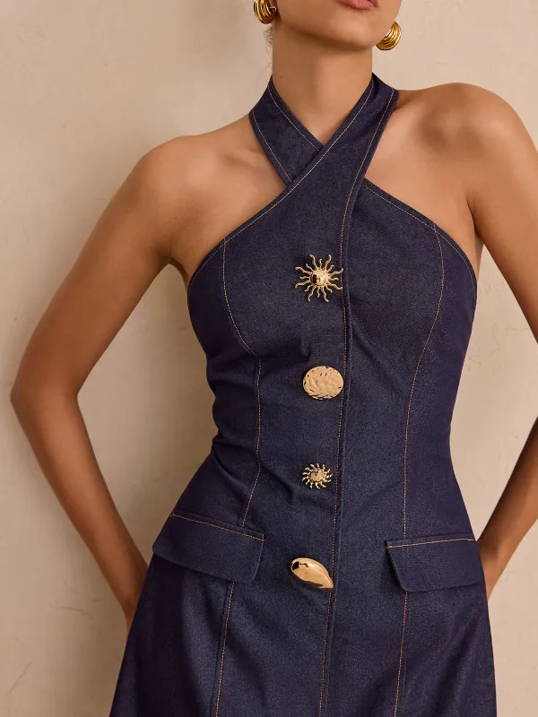 Denim Metal Detail Halter Neck Mini Dress sold by COMMENSE