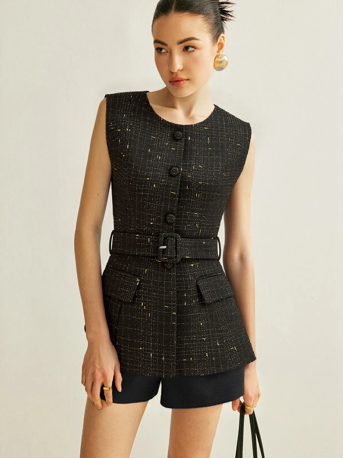 Tweed Belted Sleeveless Vest sold by COMMENSE product image thumbnail 2