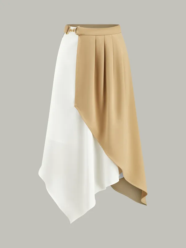 Two-Tone Asymmetric Midi Skirt sold by COMMENSE