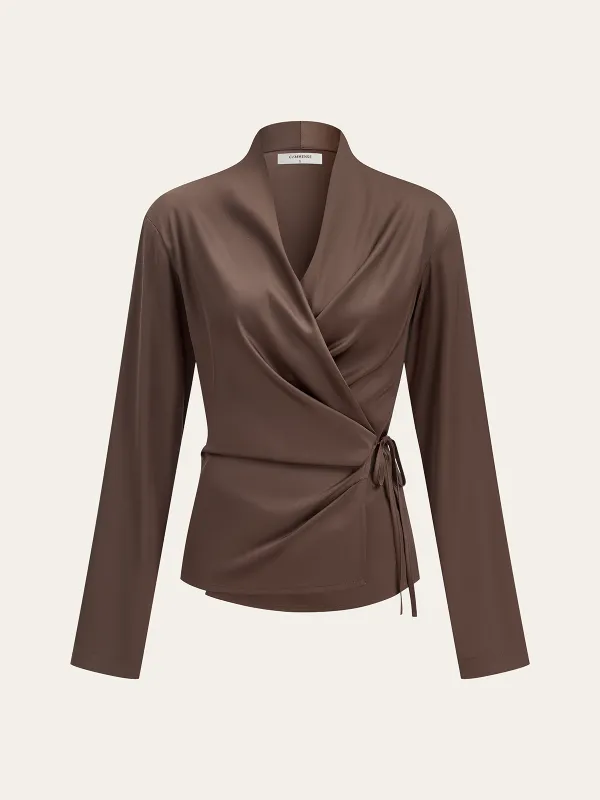 Satin Wrap-Front Long-Sleeve Top sold by COMMENSE