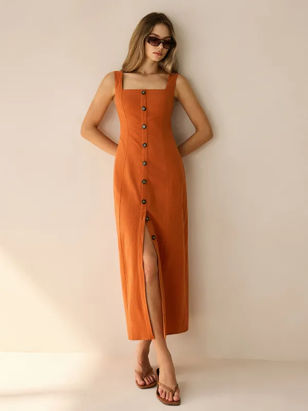 Square-Neck Button-Front Maxi Dress with Slit sold by COMMENSE