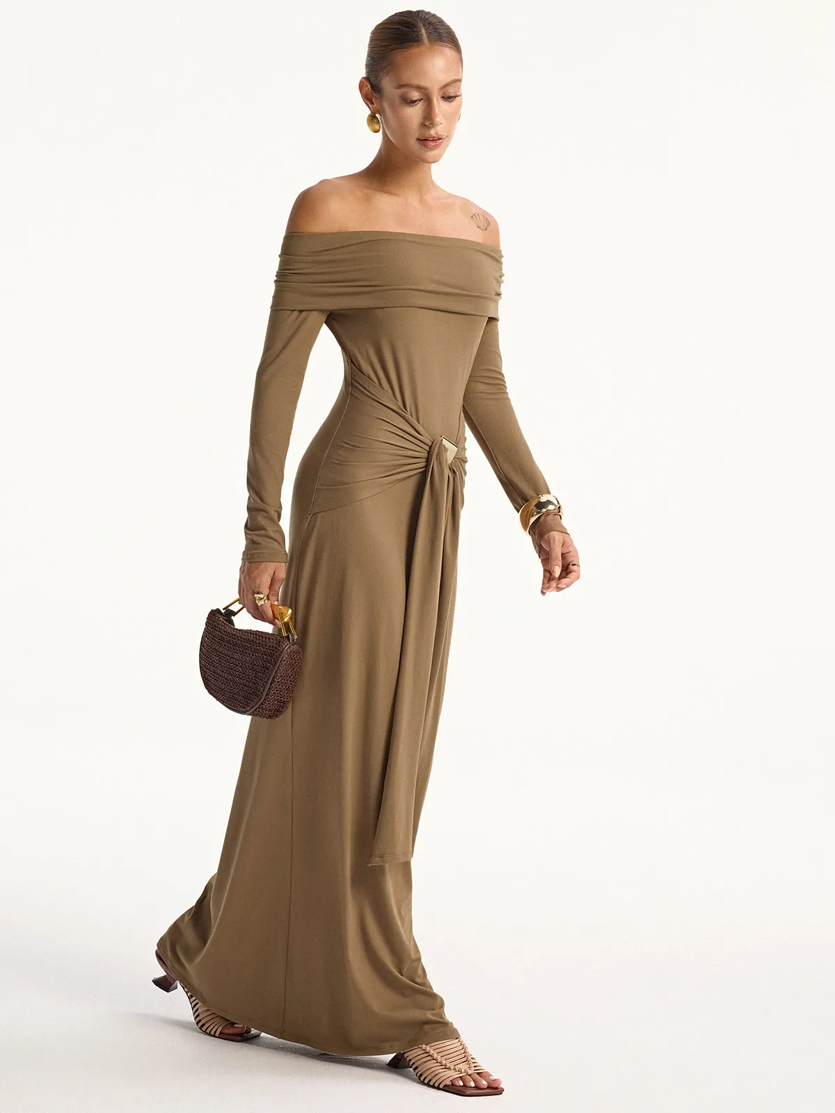 Off-Shoulder Long Sleeve Maxi Dress sold by COMMENSE product image thumbnail 2