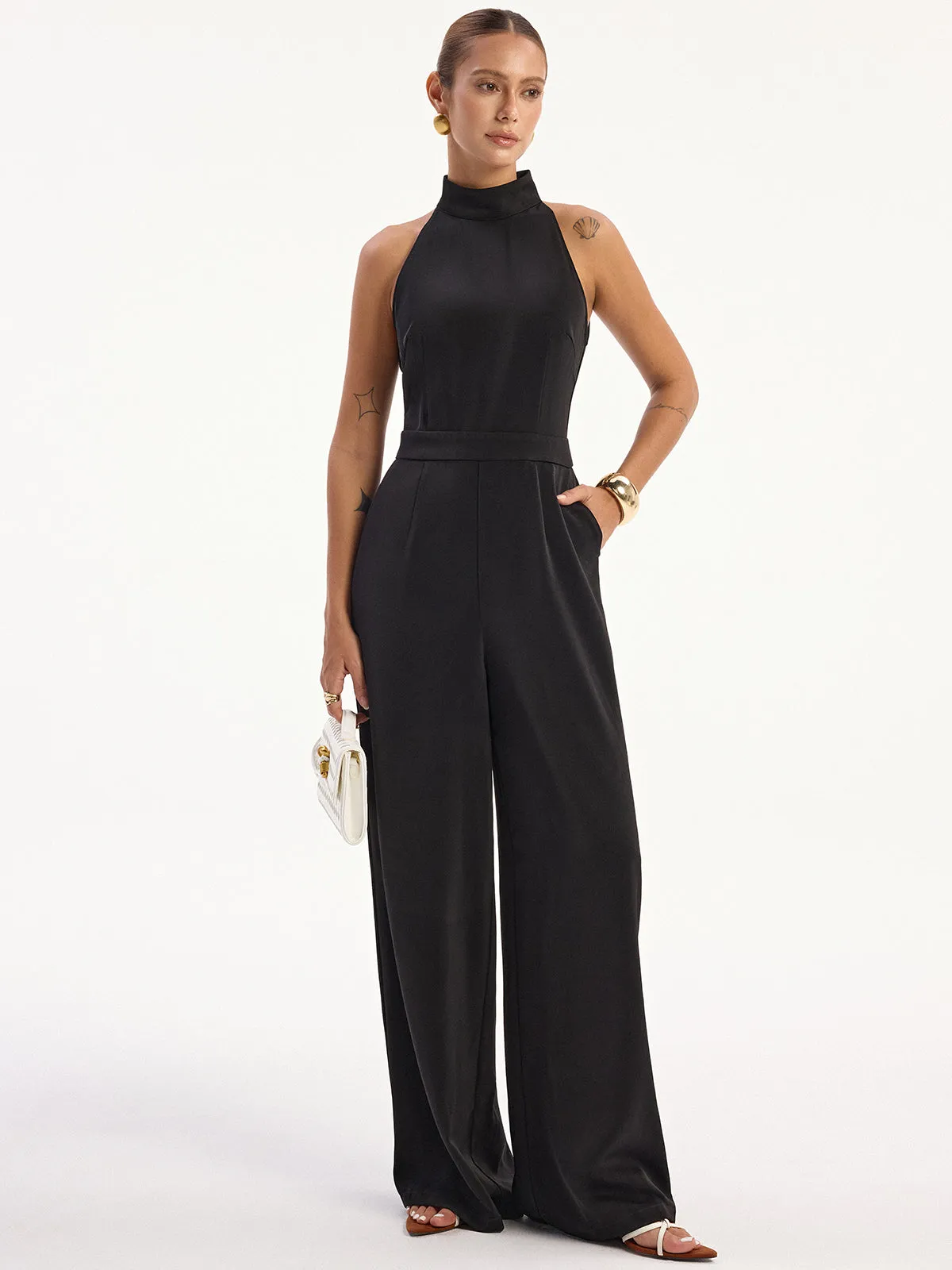 Satin Halter Neck Back Slit Jumpsuit without Belt sold by COMMENSE