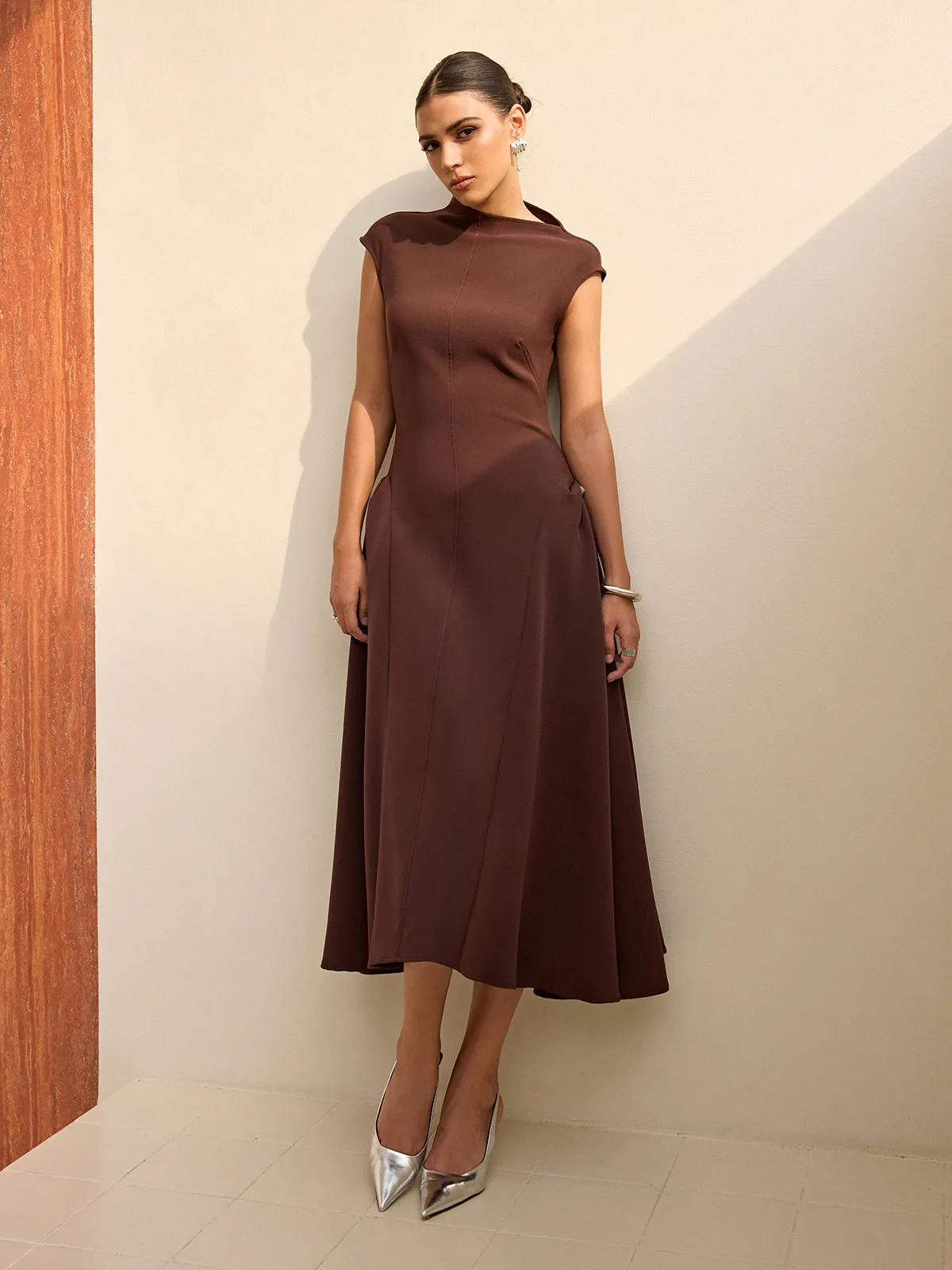 Asymmetrical Neck Cap Sleeve Maxi Dress sold by COMMENSE product image thumbnail 4