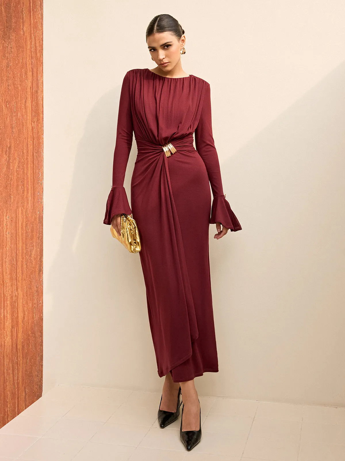 Long-Sleeve Draped Maxi Dress sold by COMMENSE product image thumbnail 2